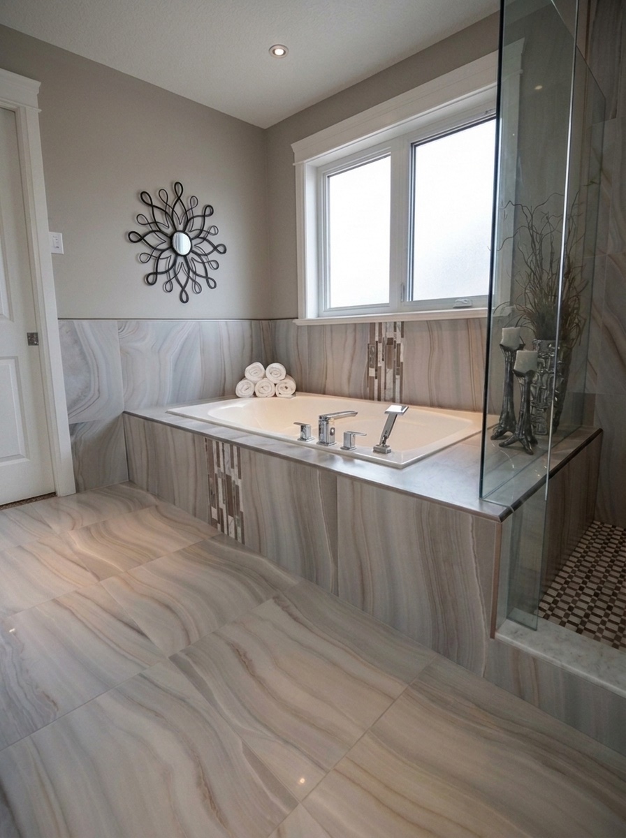 Spa bathroom with tiled soaker tub surround and glass shower