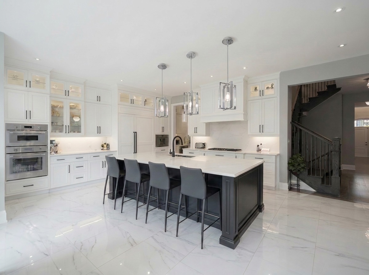 White kitchen with dark island, marble-look tile floor, and glass-front cabinets