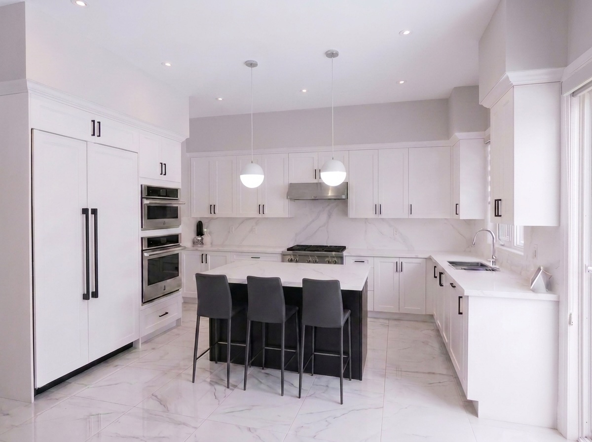 Bright white kitchen with contrasting island, globe pendants, and marble backsplash