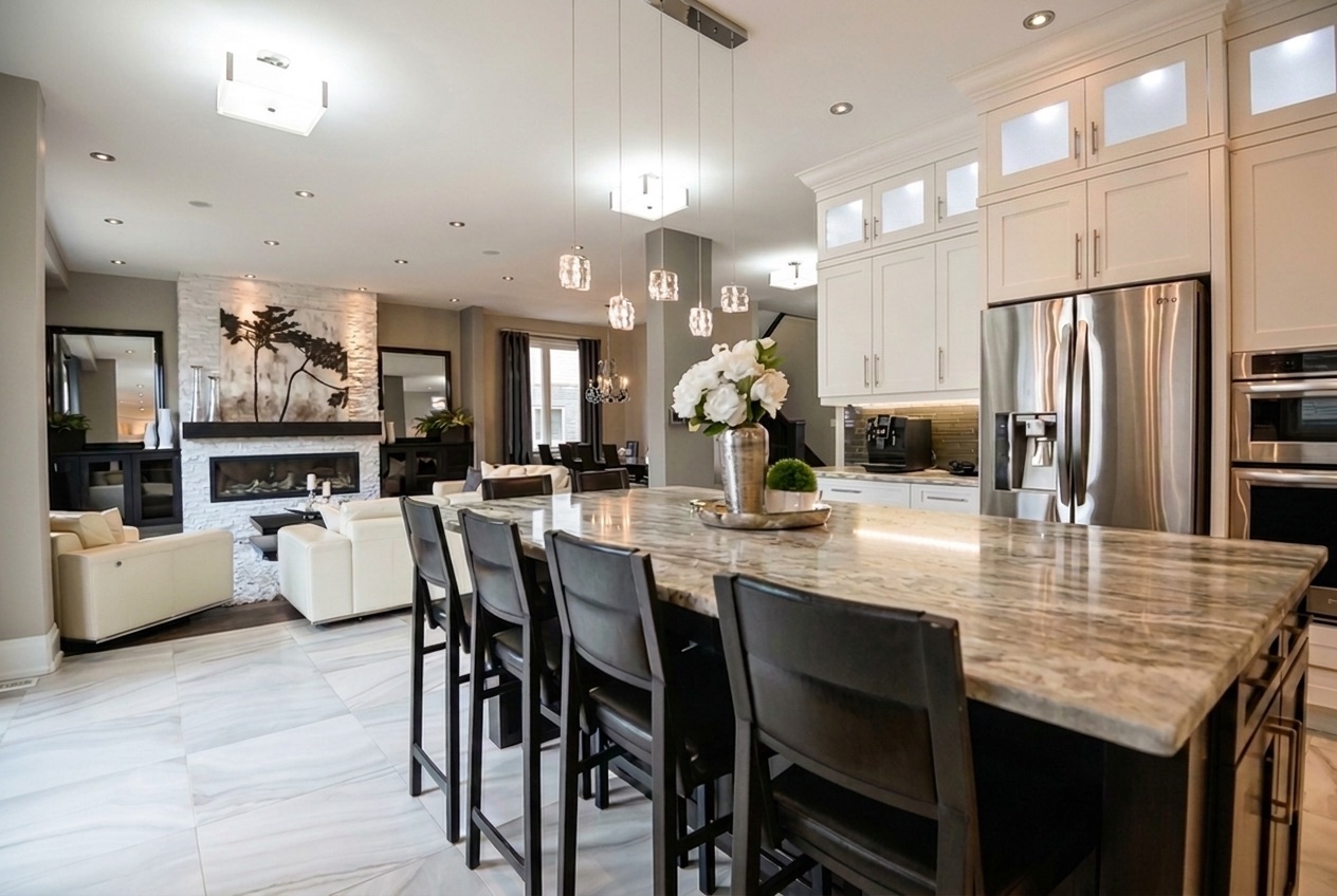 Open-concept kitchen and living room after renovation by Top Notch Homes